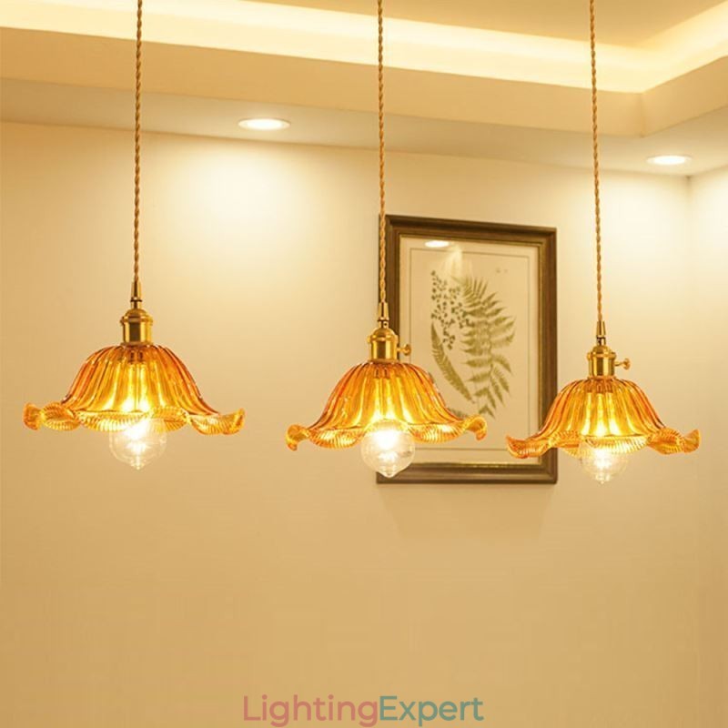 Vintage Colorful Ribbed Glass Pendant Light Flower Shade Lamp With Twist Switch Light