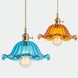 Vintage Colorful Ribbed Glass Pendant Light Flower Shade Lamp With Twist Switch Light