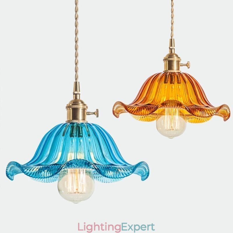 Vintage Colorful Ribbed Glass Pendant Light Flower Shade Lamp With Twist Switch Light