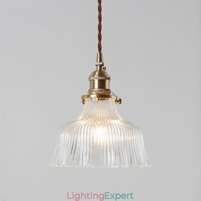 Dome Large Clear Ribbed Glass Pendant Light with Brass Holder Twist Switch