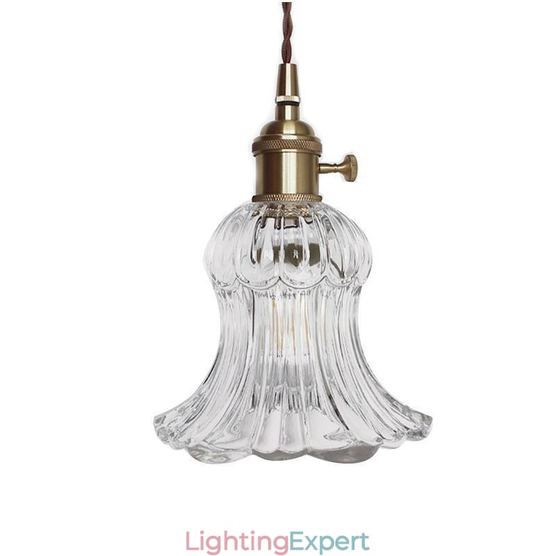 Clear Ribbed Glass Pendant Light Flower Shape Lamp With Twist Switch