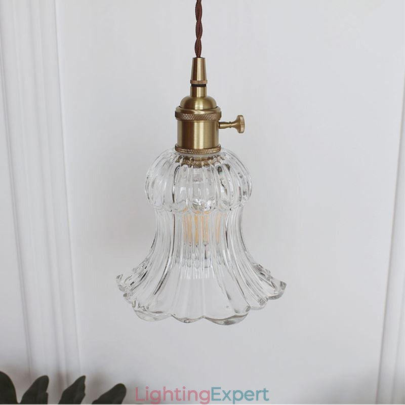 Clear Ribbed Glass Pendant Light Flower Shape Lamp With Twist Switch