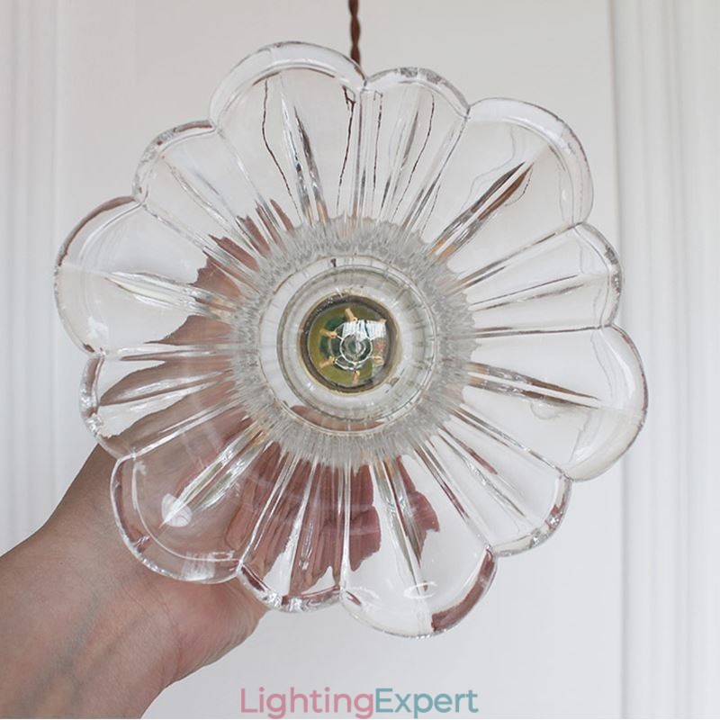 Clear Ribbed Glass Pendant Light Flower Shape Lamp With Twist Switch