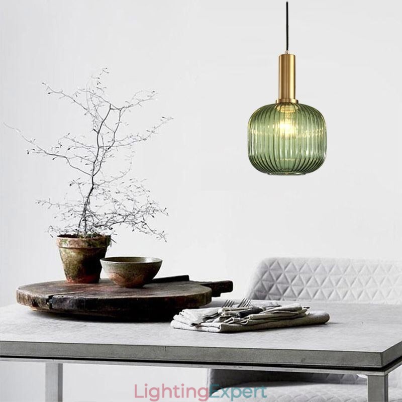 Ribbed Glass Pendant Light with Brass Holder