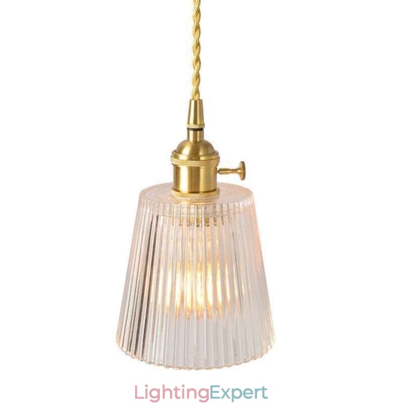 Brass Ribbed Glass Pendant Light Cone Shade With Twist Switch