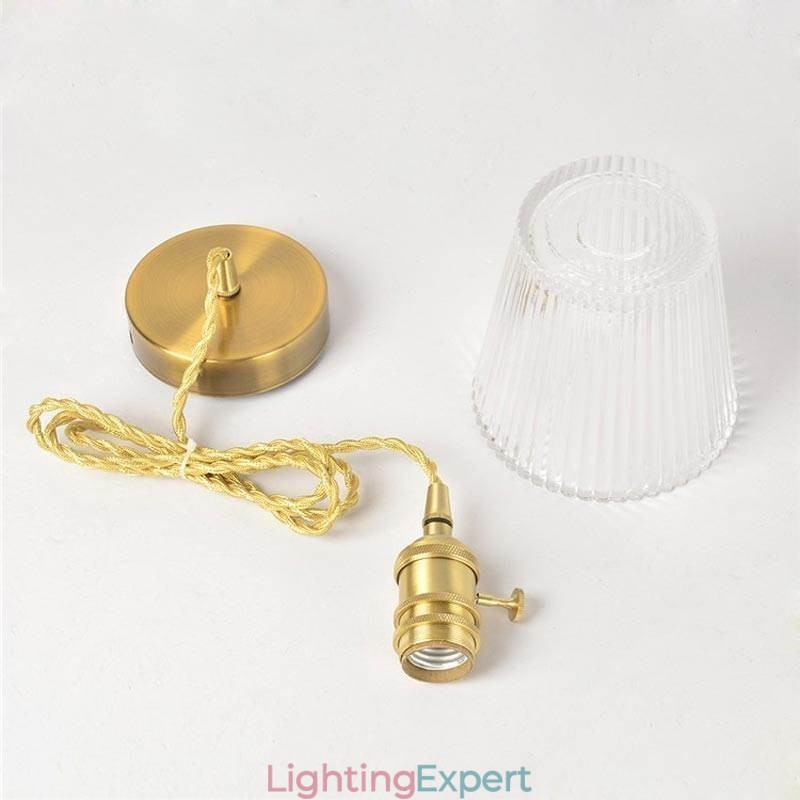 Brass Ribbed Glass Pendant Light Cone Shade With Twist Switch