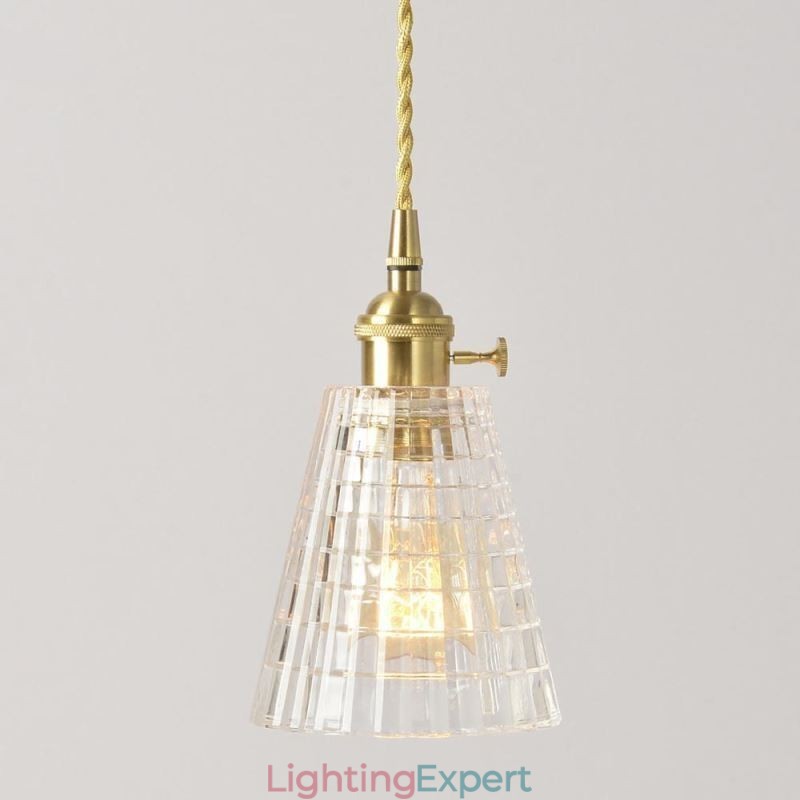 Square Clear Ribbed Glass Pendant Light Brass Lamp With Twist Switch Lighting