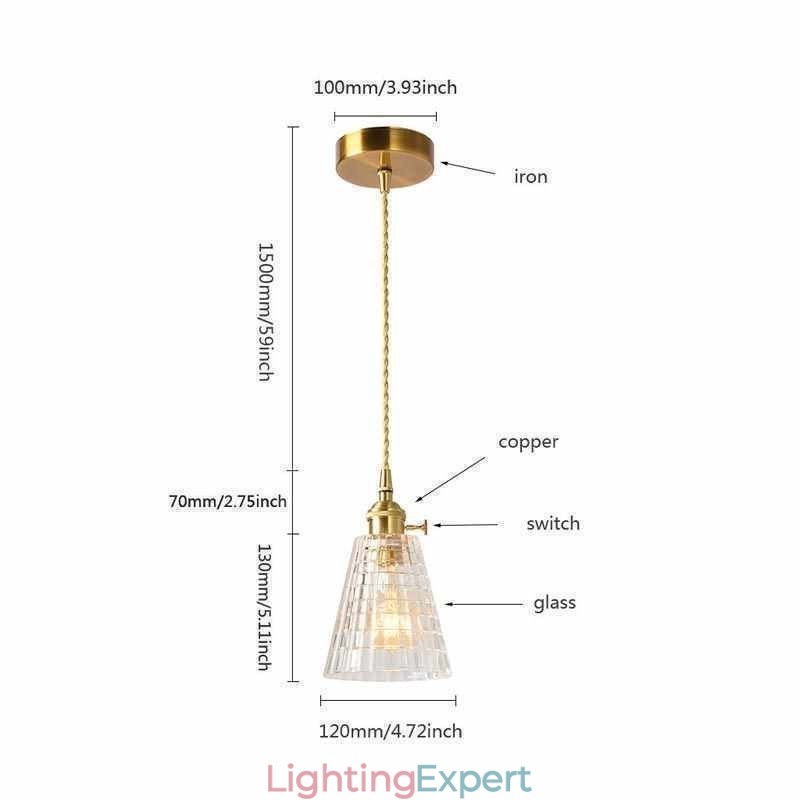 Square Clear Ribbed Glass Pendant Light Brass Lamp With Twist Switch Lighting