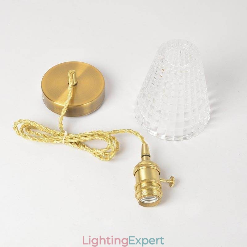 Square Clear Ribbed Glass Pendant Light Brass Lamp With Twist Switch Lighting