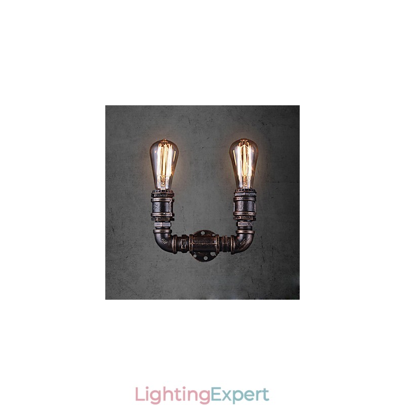 2 Lights Vintage Metal Water Pipe Wall Lamp With Edison Bulb