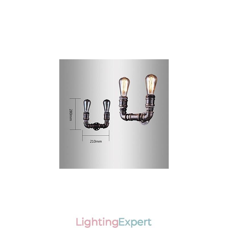 2 Lights Vintage Metal Water Pipe Wall Lamp With Edison Bulb