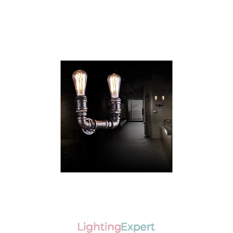2 Lights Vintage Metal Water Pipe Wall Lamp With Edison Bulb