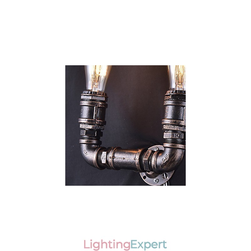 2 Lights Vintage Metal Water Pipe Wall Lamp With Edison Bulb