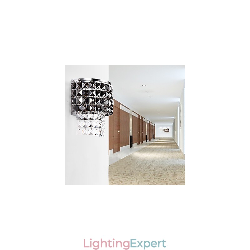 Modern Wall Light with Fabric Shade Metal Plate Crystal Decor Style