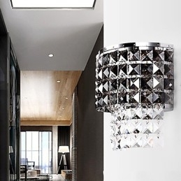 Modern Wall Light with Fabric Shade Metal Plate Crystal Decor Style