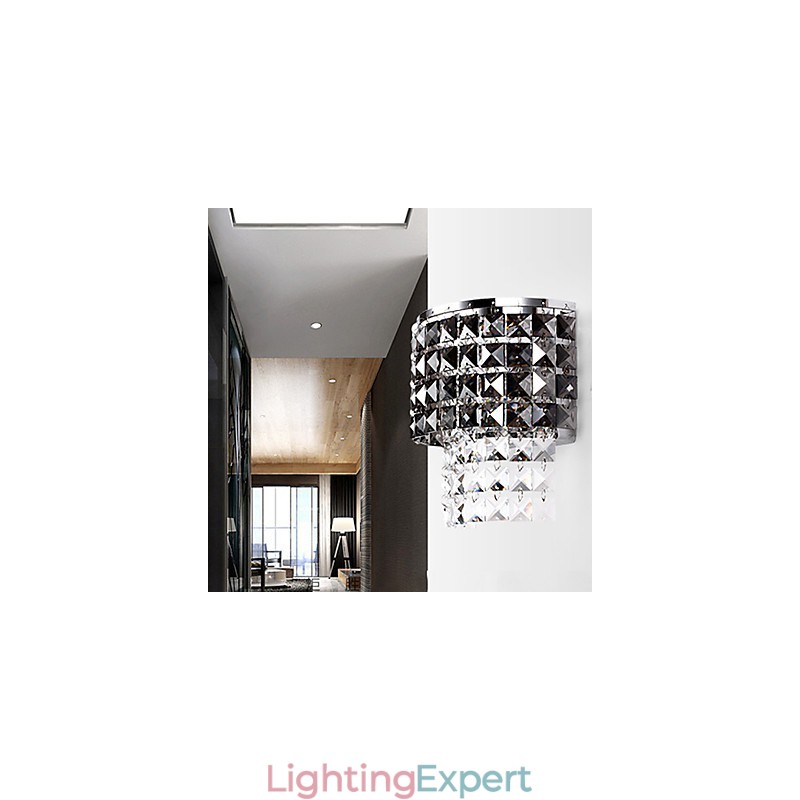 Modern Wall Light with Fabric Shade Metal Plate Crystal Decor Style