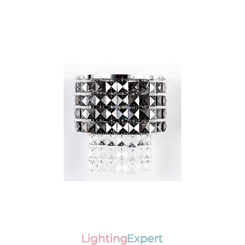 Modern Wall Light with Fabric Shade Metal Plate Crystal Decor Style