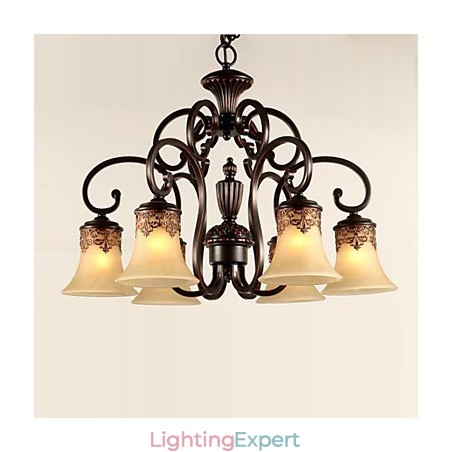 Chandelier Pendant Light 6 Lights Lampshade Down Vintage Country Metal+Glass
