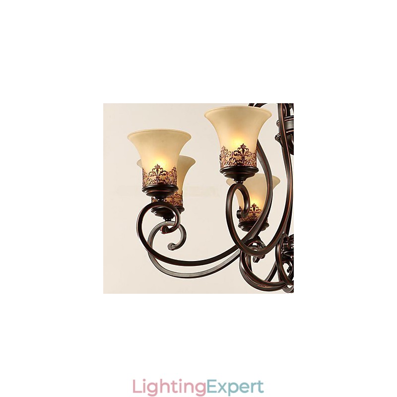 Chandelier Pendant Light 6 Lights Lampshade Down Vintage Country Metal+Glass