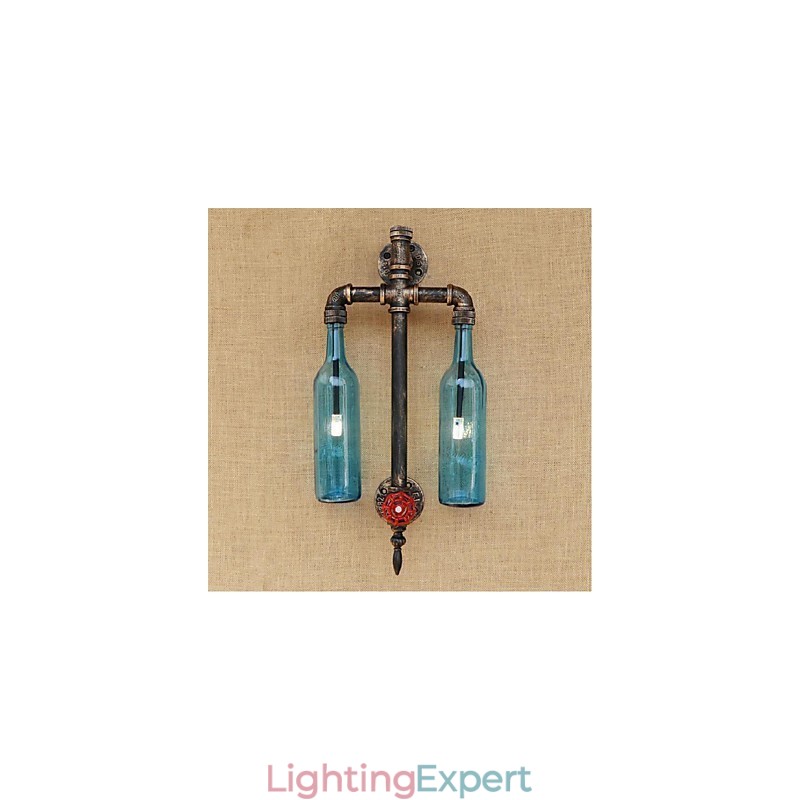 American Themed Restaurant Bar Iron With Switch Water Pipe Wine Bottle Wall Lamp Blue