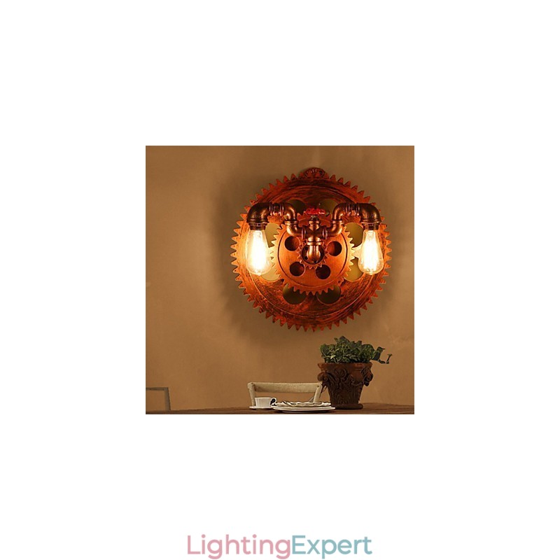 2 Heads Vintage Industrial Wall Lights Wood Gear Shape Lights Restaurant Cafe Bar Decoration Wall Sconces