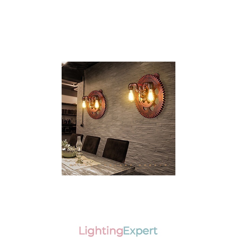 2 Heads Vintage Industrial Wall Lights Wood Gear Shape Lights Restaurant Cafe Bar Decoration Wall Sconces