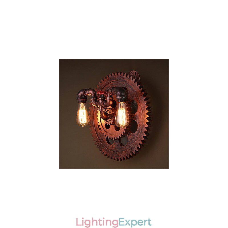 2 Heads Vintage Industrial Wall Lights Wood Gear Shape Lights Restaurant Cafe Bar Decoration Wall Sconces