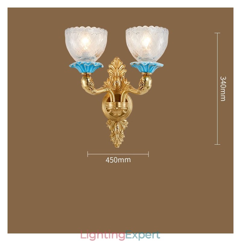 100% Pure Brass Luxurious Rustic Retro Vintage Brass Ceramics 2 Light Candle Wall Light with Glass Shades Special for Hotel Office Showroom Living Room Dinning Room