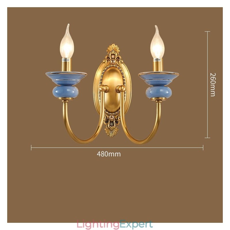 100% Pure Brass Luxurious Rustic Retro Vintage Brass Ceramics 2 Light Candle Wall Light Special for Hotel Office Showroom Living Room Dinning Room