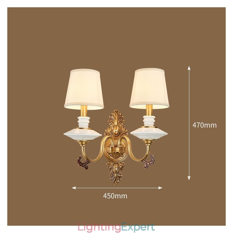 100% Pure Brass Luxurious Rustic Retro Vintage Brass Ceramics 2 Light Candle Wall Light with Fabric Shades Special for Hotel Office Showroom Living Room Dinning Room