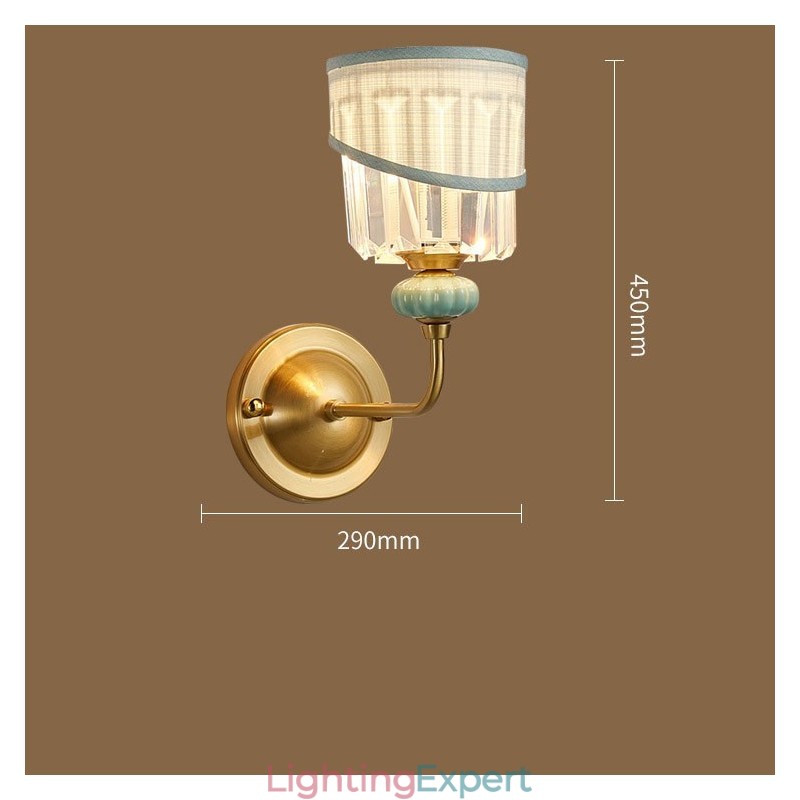 Pure Brass Luxurious Rustic Retro Vintage Brass Ceramics 1 Light Candle Wall Light with Fabric and Crystal Shade Special for Hotel Office Showroom Living Room Dinning Room