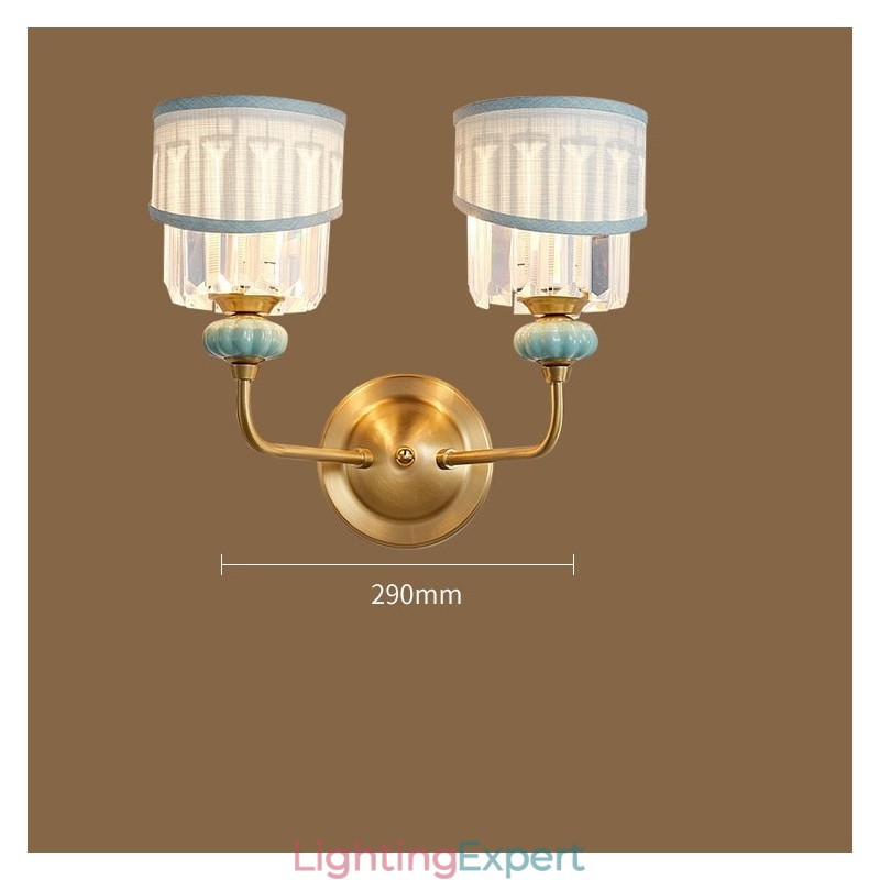 Pure Brass Luxurious Rustic Retro Vintage Brass Ceramics 2 Light Candle Wall Light with Fabric and Crystal Shades Special for Hotel Office Showroom Living Room Dinning Room