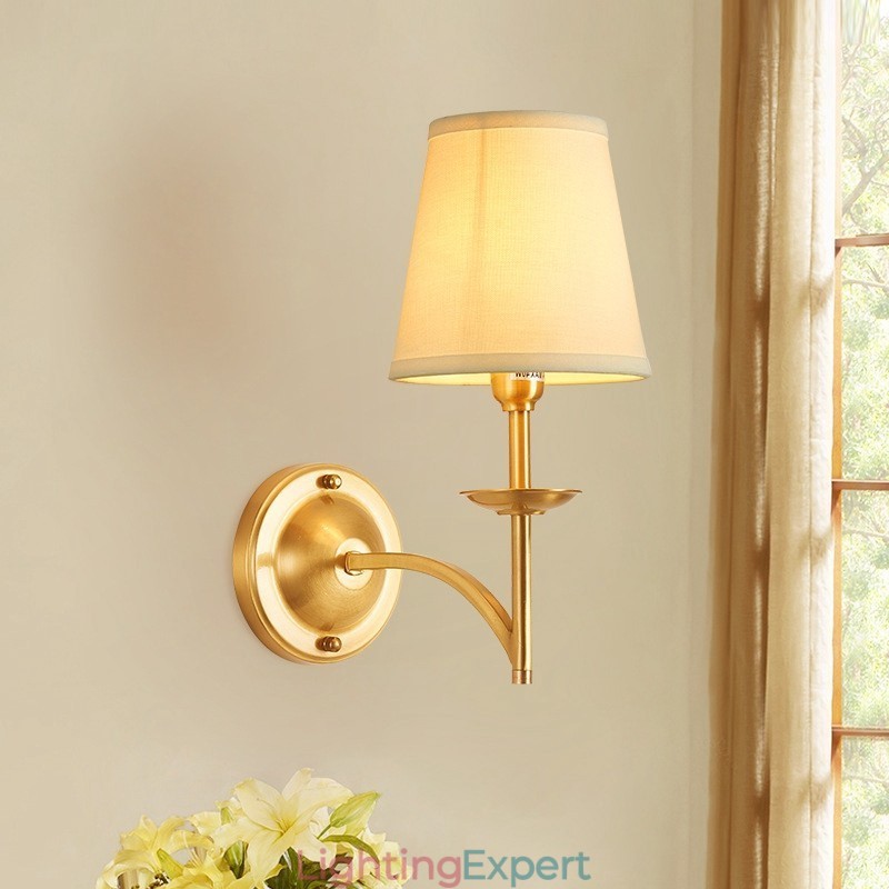 Pure Brass Luxurious Rustic Retro Vintage 1 Light Candle Wall Light with Fabric Shade Special for Hotel Bedroom Showroom Living Room Dinning Room