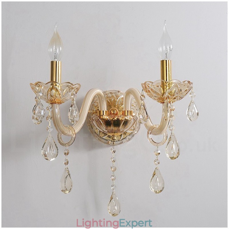 2 Light Gold K9 Crystal Candle Retro Glass Wall Light