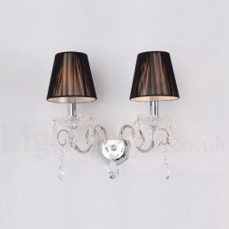 2 Light Chrome Silver Colour K9 Crystal Candle Retro Glass Wall Light with Black Fabric Shades