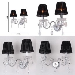 2 Light Chrome Silver Colour K9 Crystal Candle Retro Glass Wall Light with Black Fabric Shades
