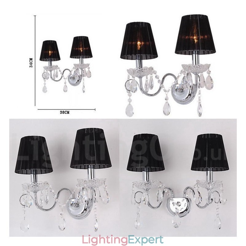2 Light Chrome Silver Colour K9 Crystal Candle Retro Glass Wall Light with Black Fabric Shades