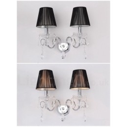2 Light Chrome Silver Colour K9 Crystal Candle Retro Glass Wall Light with Black Fabric Shades