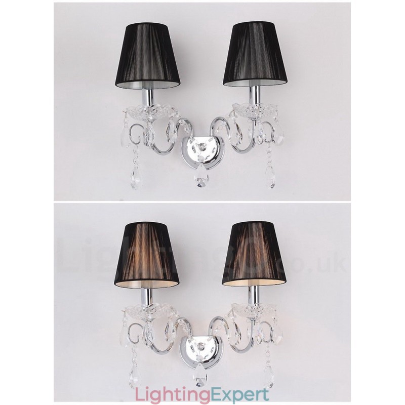 2 Light Chrome Silver Colour K9 Crystal Candle Retro Glass Wall Light with Black Fabric Shades