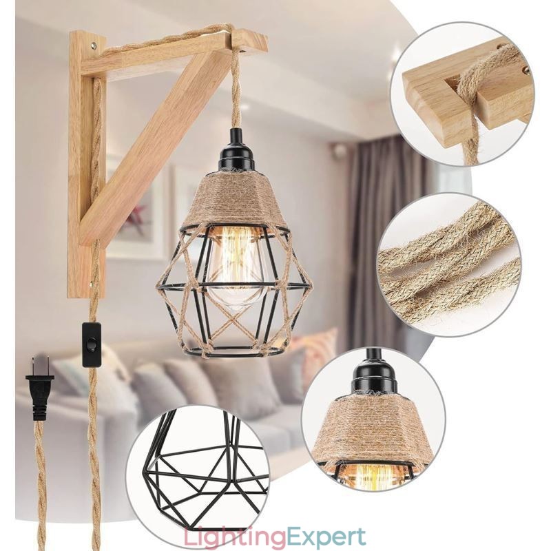 Hemp Rope Iron Art Wall Light American Pastoral Retro Wall Sconce With Plug