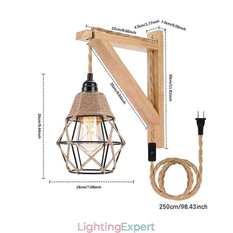 Hemp Rope Iron Art Wall Light American Pastoral Retro Wall Sconce With Plug