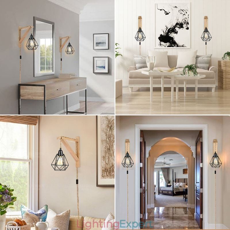American Retro Wall Sconce 2.5M Hemp Rope Hanging Wire Black Iron Painted Lampshade