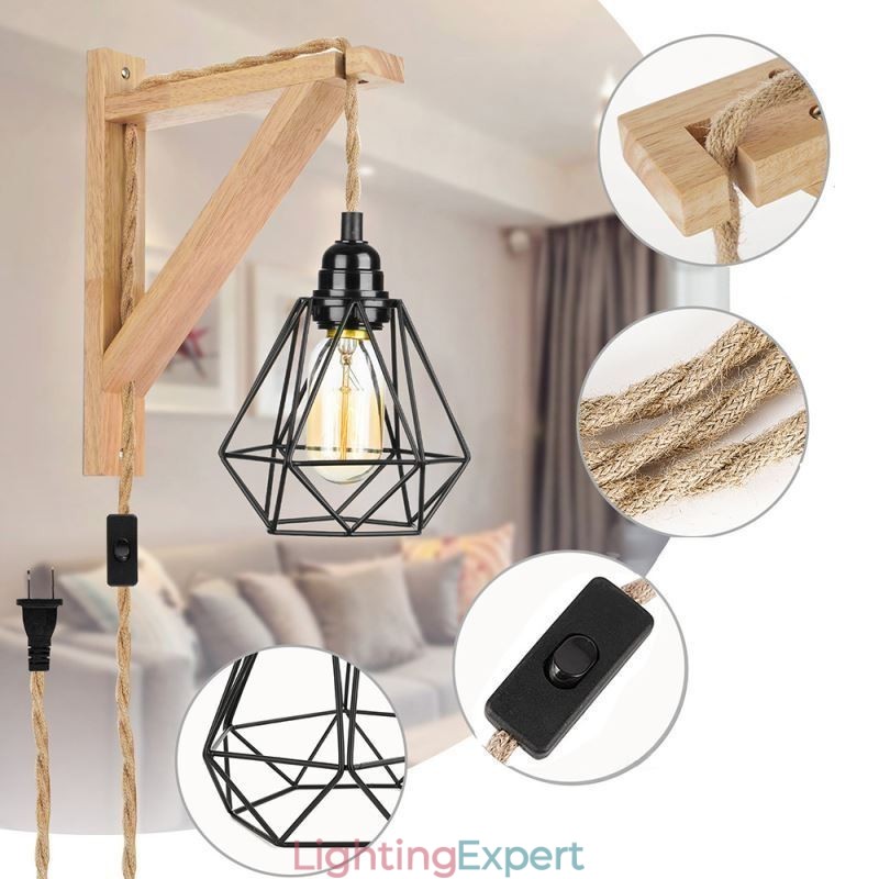 American Retro Wall Sconce 2.5M Hemp Rope Hanging Wire Black Iron Painted Lampshade