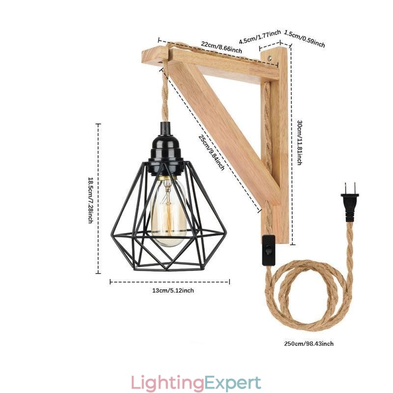 American Retro Wall Sconce 2.5M Hemp Rope Hanging Wire Black Iron Painted Lampshade