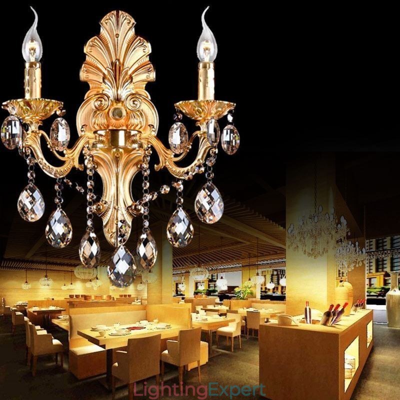 European Wall Lamp Golden Petal Wall Sconce Exquisite Crystal Drops Light Bedside Lighting