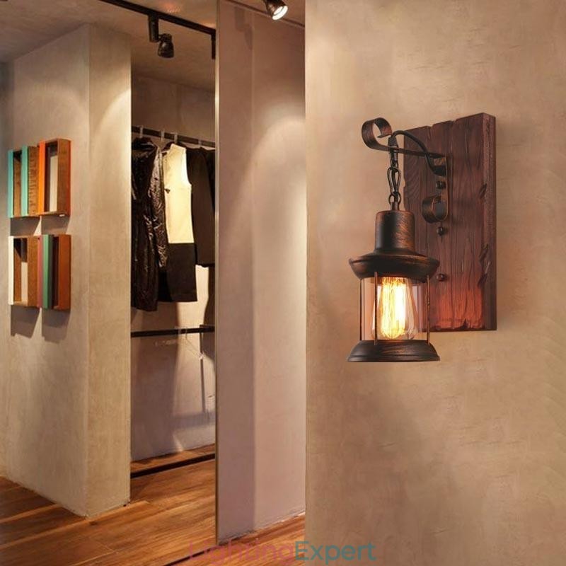American Vintage Wall Light Industrial LOFT Wall Sconce Solid Wood Glass Lamp Light