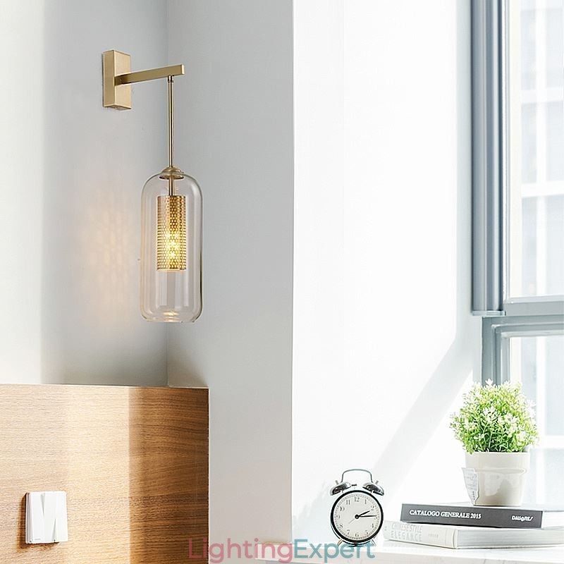 Nordic Brass Wall Lamp Inner Hollow out Cylinder Glass Lamp Shade