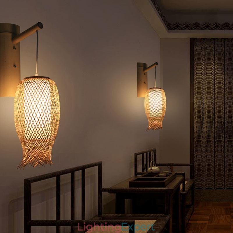 Downward Bamboo Wall Light Rural Round Wall Sconce Bedside Teahouse Creative Light