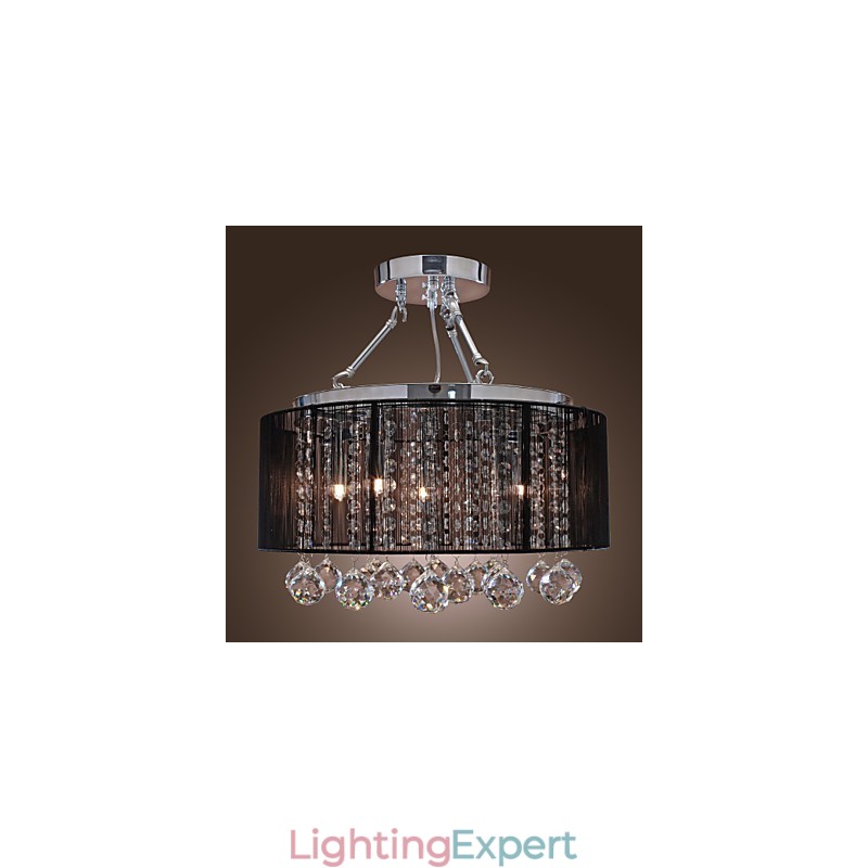 Modern Crystal Flush Mount with 5 Lights Black Fabric Shade