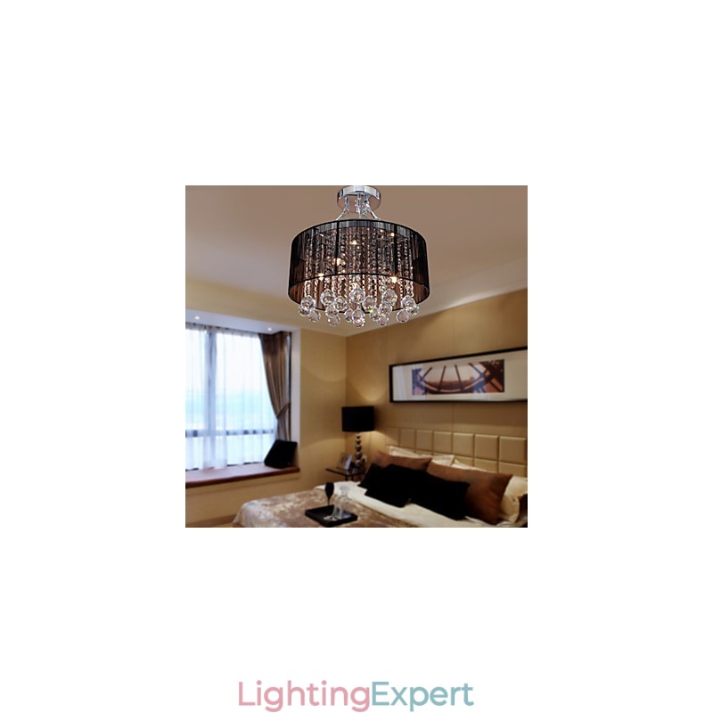 Modern Crystal Flush Mount with 5 Lights Black Fabric Shade